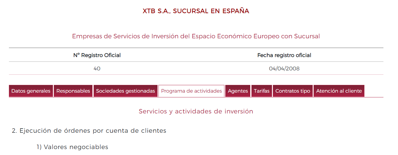 XTB sucursal España regulado por la CNMV